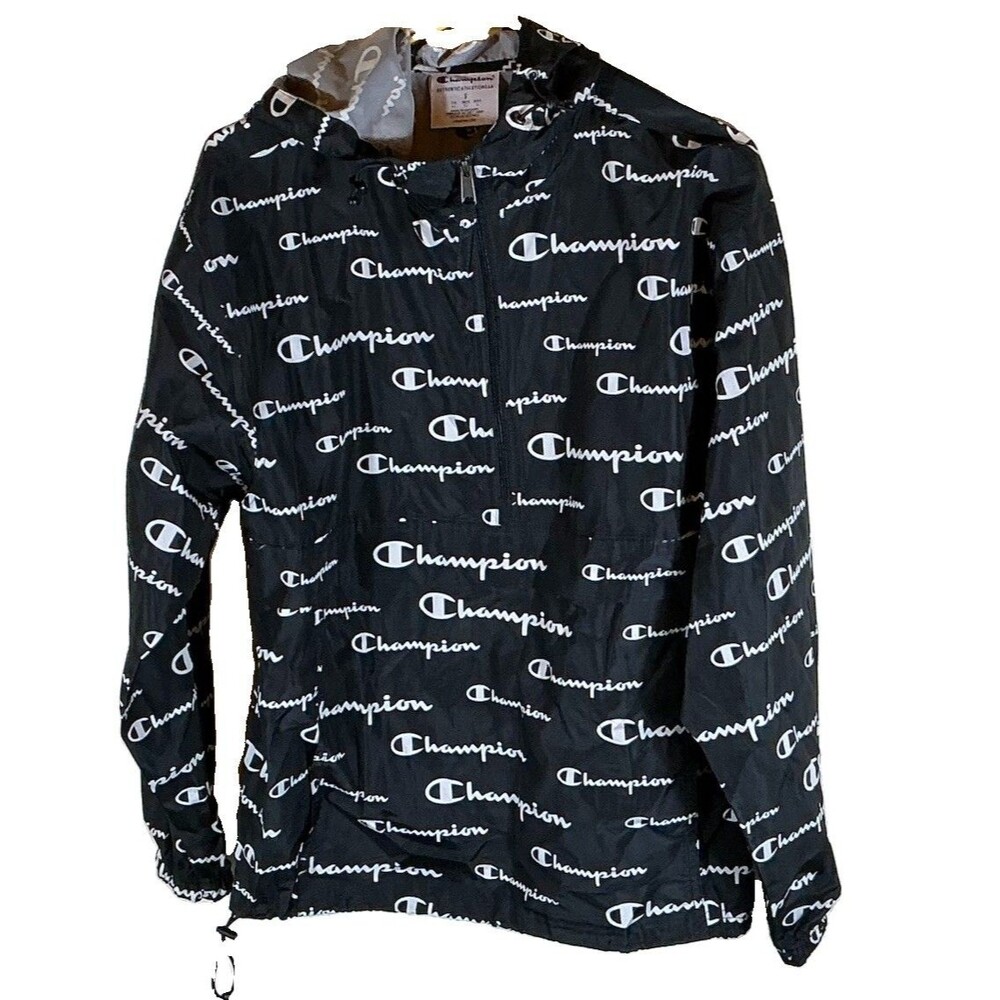 Champion Men’s S Black Logo Hooded Zip Windbreaker Jacket Lightweight